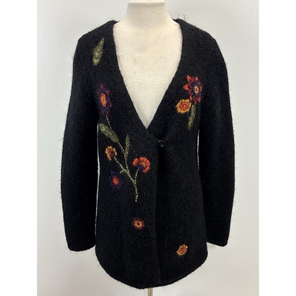 Willi Smith Mohair Blend Cardigan Sweater Large Black Floral Embroidered Chunky